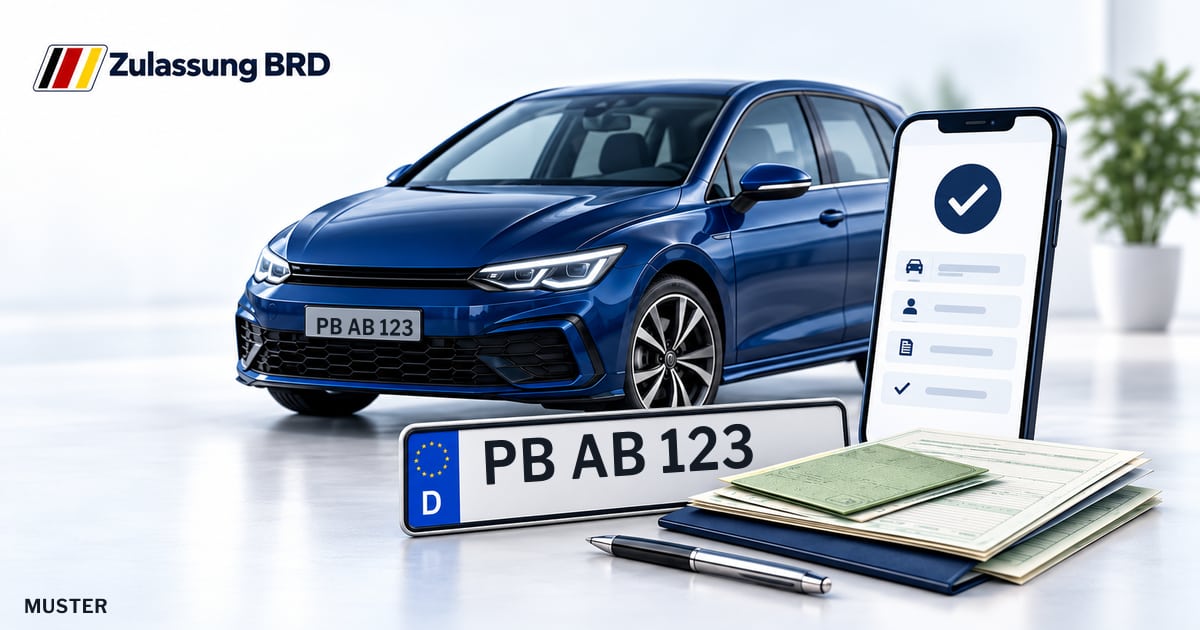 Online Fahrzeugzulassung in Salzkotten: Musterkennzeichen PB AB 123, Auto und Fahrzeugpapiere und Smartphone. Illustration mit Logo von Zulassung BRD.